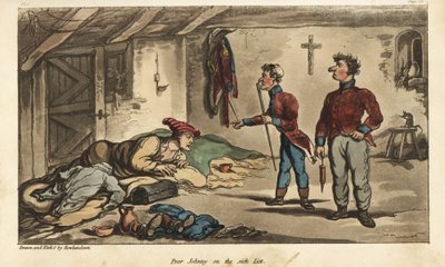 El alférez Johnny Newcome con disentería en su billete en Medina, España. Grabado en cobre coloreado a mano dibujado y grabado por Thomas Rowlandson del libro Las aventuras militares de Johnny Newcome, de David Roberts de Thomas Rowlandson