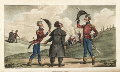 El alférez Johnny Newcome presentado al coronel de su regimiento antes de la Batalla de Salamanca. Ilustración de Thomas Rowlandson de Las aventuras militares de Johnny Newcome, Martin, Londres de Thomas Rowlandson