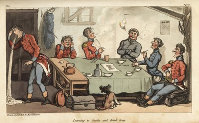 Alférez Johnny Newcome aprendiendo a fumar puros y beber grog con otros oficiales de Thomas Rowlandson