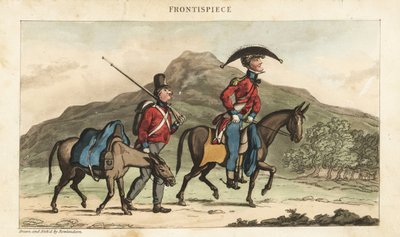 Alférez Johnny Newcome montando a caballo acompañado por un subalterno con caballo de carga en Portugal de Thomas Rowlandson