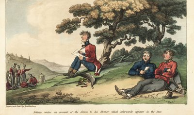 Ensign Johnny Newcome escribiendo una carta a su madre describiendo la Batalla de Salamanca de Thomas Rowlandson