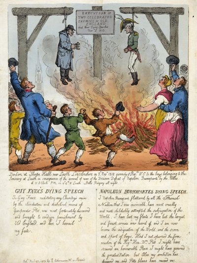 Ejecución de dos famosos enemigos de la vieja Inglaterra, Guy Fawkes y Napoleón Buonaparte - Su último discurso, en la horca. 1813. grabado. de Thomas Rowlandson