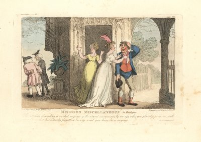 Mujer a la moda enviando un mensaje verbal a través de un bufón de Thomas Rowlandson