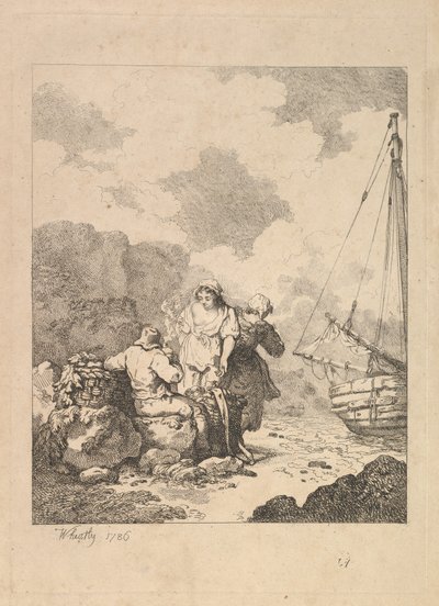 Pescadores en la orilla - Escena costera con un hombre sentado en las rocas y fumando una pipa, Nex..., 1786 de Thomas Rowlandson