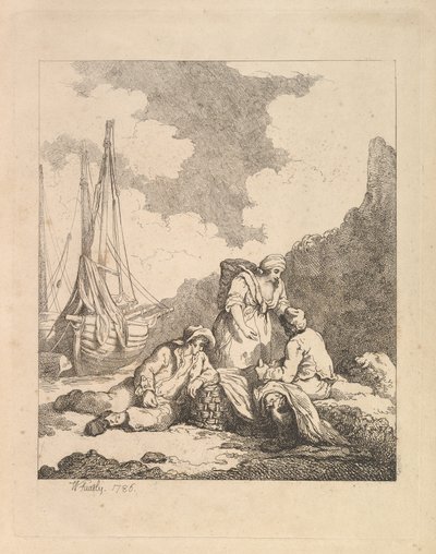 Pescadores en la orilla - Escena costera con un hombre sentado en el suelo descansando un codo..., 1786 de Thomas Rowlandson