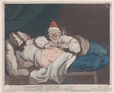 Cinco veces a la luz de la vela, ¡He convertido el reloj de arena en noche! de Thomas Rowlandson