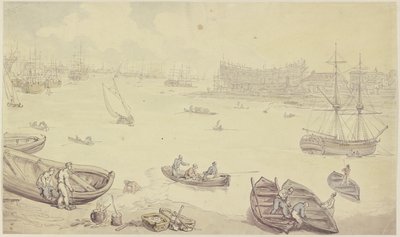Río con muchos barcos y un astillero de Thomas Rowlandson