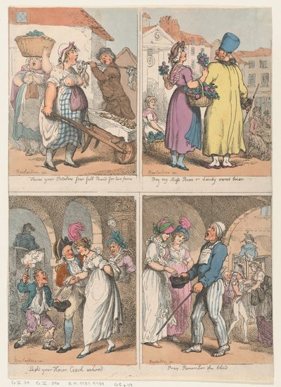 Cuatro escenas de la serie Cries of London: Aquí están tus papas..., Compra mi musgo..., 1 de agosto de 1801 de Thomas Rowlandson