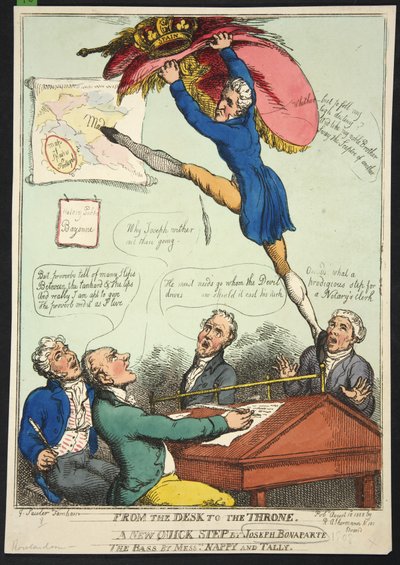 Del escritorio al trono. Un nuevo paso rápido de Joseph Bonaparte. El bajo por los Sres. Nappy y Talley, pub. 1808 (grabado coloreado a mano) de Thomas Rowlandson