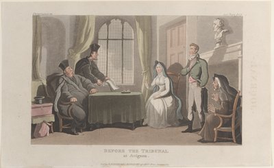 Frontispicio: Ante el Tribunal en Aviñón, del Diario de Viajes Sentimentales de Thomas Rowlandson
