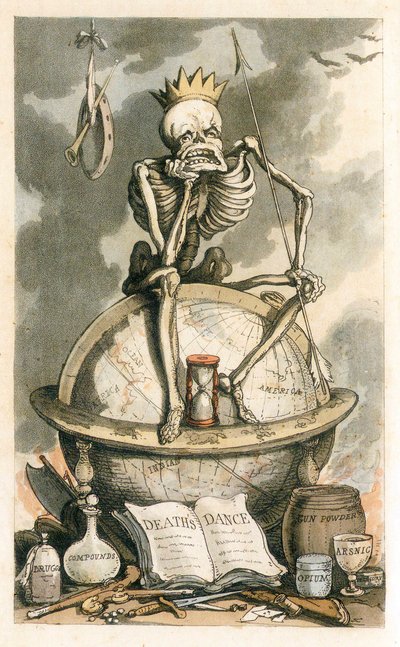 Frontispicio de La danza inglesa de la muerte, pub. 1815 grabado coloreado de Thomas Rowlandson