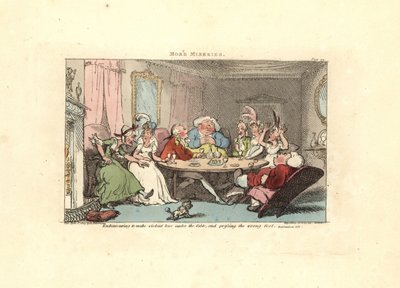 Caballero intentando jugar al pie con una belleza en la mesa de Thomas Rowlandson