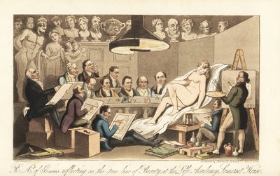 Artistas georgianos incluyendo a Benjamin West, Thomas Lawrence, Benjamin Haydon, Joseph Farrington, Richard Westall y Martin Archer Shee dibujando un modelo desnudo, mientras los bustos clásicos observan. Académicos Reales de Genio reflexionando sobre la  de Thomas Rowlandson