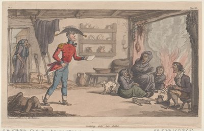 Entrando en su alojamiento, de Las aventuras militares de Johnny Newcome de Thomas Rowlandson
