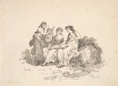 Armonía - Dos Ninfas Cantando, Otra Tocando una Lira, 1784-88 de Thomas Rowlandson