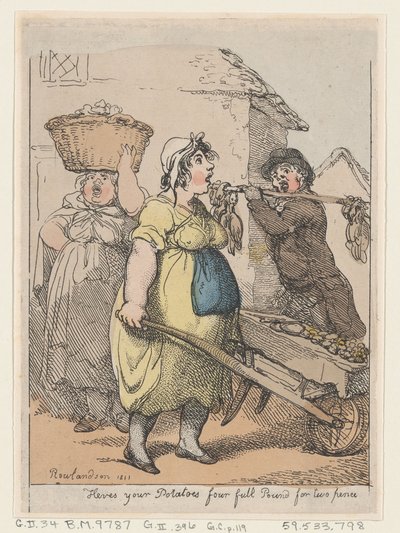 Aquí están tus papas, cuatro libras completas por dos peniques, 1811 de Thomas Rowlandson