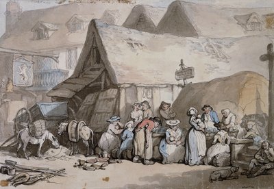 Honiton, Devon: Zapatos y sombreros a la venta fuera de The Lion Inn de Thomas Rowlandson