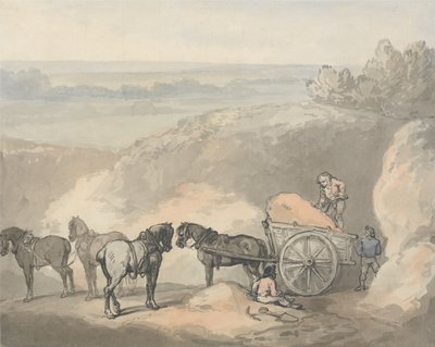 Caballos y una carreta en una cantera de arena de Thomas Rowlandson