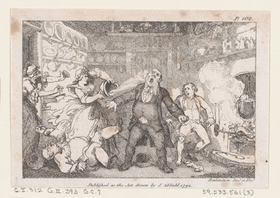 La anfitriona descarga una sartén de sangre en la cara del párroco Andrews, de Las Aventuras de..., 1792 de Thomas Rowlandson