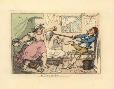 Marido sosteniendo a su esposa enojada con una fregona de Thomas Rowlandson