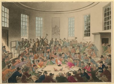 Ilustración que muestra una multitud viendo una pelea de gallos de Thomas Rowlandson