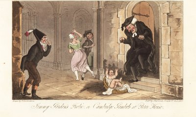 James Gordon, un borracho notorio de Cambridge, dejando un bebé como broma frente a la casa de un decano de la universidad. La travesura de Jemmy Gordon, o las travesuras de Cambridge en Peter House. Grabado a mano coloreado por Thomas Rowlandson de The En de Thomas Rowlandson