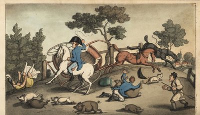 Johnny y una dama irrumpen en un concierto en una manada de cerdos. Ilustración de Thomas Rowlandson de Las aventuras de Johnny Newcombe en la Marina, Simpkin, Londres de Thomas Rowlandson