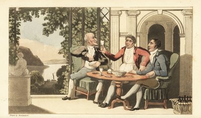 Johnny y amigos bebiendo y cantando en una terraza con vista al río Támesis. Ilustración de Thomas Rowlandson de La historia de Johnny Quae Genus, el pequeño encontrado del difunto Doctor Syntax de Thomas Rowlandson