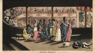 Johnny y otros guardiamarinas en permiso en tierra esperan una obra en el Plymouth Playhouse. Grabado en cobre coloreado a mano por W. Read después de una ilustración de Thomas Rowlandson del libro 