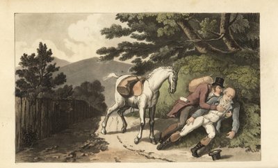 Johnny asistiendo a un viajero que ha sido arrojado de su caballo. Grabado en cobre a mano coloreado por Thomas Rowlandson de The History of Johnny Quae Genus, the Little Foundling of the late Doctor Syntax de William Combe de Thomas Rowlandson