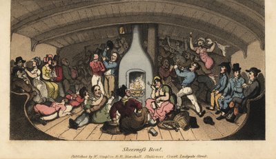 Johnny festejando con marineros, vendedores de ropa, reclutadores, buscadores de barro, proxenetas y rufianes en una cabina en el barco Sheerness de Thomas Rowlandson