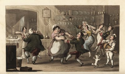 Johnny bailando en una fiesta secreta con otros sirvientes en la cocina. Cocinero, cochero, criada y lacayo disfrutando de la comida y el vino del amo. Grabado en cobre a mano coloreado por Thomas Rowlandson de The History of Johnny Quae Genus, the Little  de Thomas Rowlandson