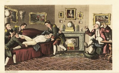 Johnny borracho en el sofá de la casa de Sir David Dangle expulsado por los lacayos. Ilustración de William Combe