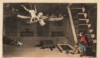 Johnny se cae de su hamaca en su cabina. Grabado en cobre coloreado a mano por W. Read después de una ilustración de Thomas Rowlandson de Las Aventuras de Johnny Newcombe en la Marina, de Alfred Burton, Simpkin, Londres de Thomas Rowlandson
