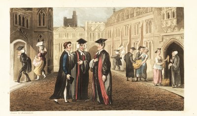 Johnny en túnicas hablando con Dons en la Universidad de Oxford, mientras otros académicos y estudiantes compran maíz a los tenderos y molestan a las criadas. Grabado en cobre coloreado a mano por Thomas Rowlandson del libro La historia de Johnny Quae Genu de Thomas Rowlandson