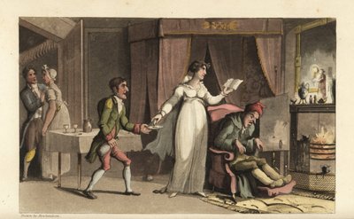 Johnny al servicio del avaro John Squeeze y su prudente sobrina Amelia Squeeze de Thomas Rowlandson