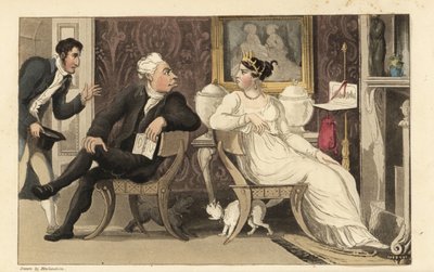 Johnny interrumpe una discusión entre invitados en una fiesta en un salón de la Regencia de Thomas Rowlandson