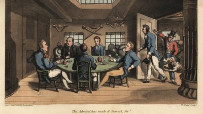 Johnny se une al capitán en su cabina para beber con los otros oficiales. ¡El almirante ha hecho que sea el atardecer, señor! Grabado en cobre coloreado a mano por W. Read después de una ilustración de Thomas Rowlandson del libro Las aventuras de Johnny Ne de Thomas Rowlandson