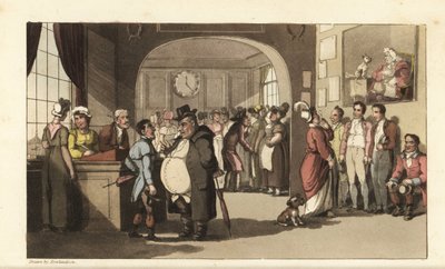 Johnny buscando trabajo en una oficina de registro para sirvientes domésticos. Hombres y mujeres con monóculos examinando porteros, criadas y otros empleados. Ilustración de Thomas Rowlandson de La historia de Johnny Quae Genus, el pequeño encontrado del d de Thomas Rowlandson