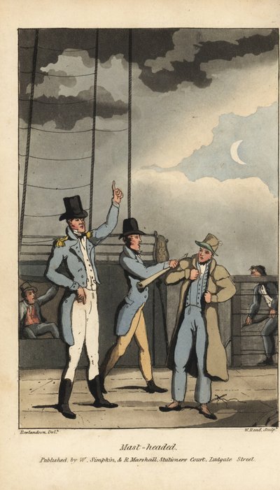 Johnny enviado al mástil por el Capitán. Ordenado a subir a la cima del mástil por perder a un marinero en tierra. Grabado en cobre coloreado a mano por W. Read después de una ilustración de Thomas Rowlandson del libro Las aventuras de Johnny Newcombe en l de Thomas Rowlandson