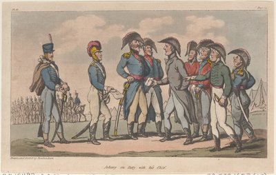 Johnny en servicio con su jefe, de Las aventuras militares de Johnny Newcome de Thomas Rowlandson