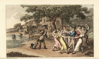 Johnny tocando su flauta en un festival de esquila de ovejas, rodeado de chicas campesinas bailando de Thomas Rowlandson