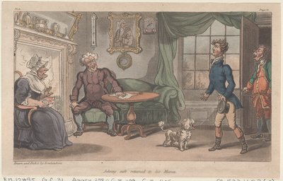 Johnny regresó seguro a su mamá, de Las Aventuras Militares de Johnny Newcome, 1815 de Thomas Rowlandson