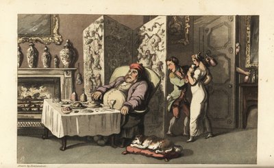 Johnny dándole a la criada Molly una copa de vino en el salón mientras Sir Jeffery Gourmand duerme en la mesa del comedor. Casi atrapado por otro sirviente en la puerta. Ilustración de Thomas Rowlandson de La historia de Johnny Quae Genus, el pequeño encon de Thomas Rowlandson