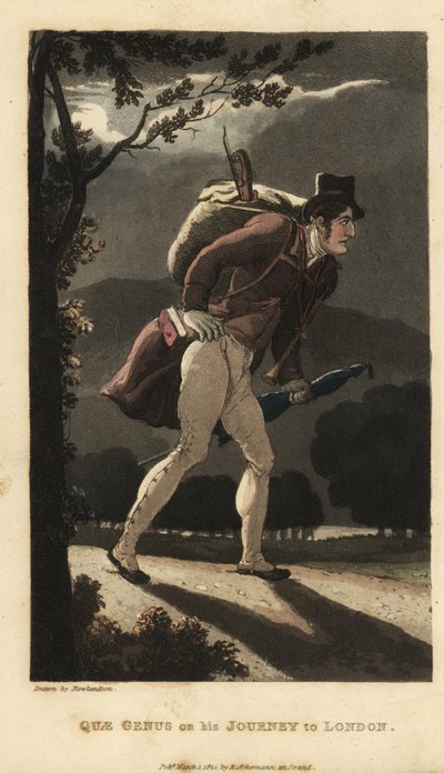 Johnny caminando por la carretera iluminada por la luna hacia Londres. Lleva una mochila con un violín, un libro en el bolsillo de su abrigo y un paraguas. Ilustración de Thomas Rowlandson de La historia de Johnny Quae Genus, el pequeño encontrado del difu de Thomas Rowlandson