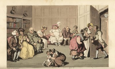 Johnny con otros pacientes en la sala de espera del doctor charlatán Anodyne. Grabado en cobre coloreado a mano por Thomas Rowlandson del libro La historia de Johnny Quae Genus, el pequeño expósito del difunto Doctor Syntax, de William Combe de Thomas Rowlandson