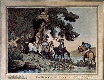 La reunión del alto mensajero (El gran corredor). Dibujo de Thomas Rowlandson (1756-1827). Aguafuerte y acuarela de Thomas Rowlandson
