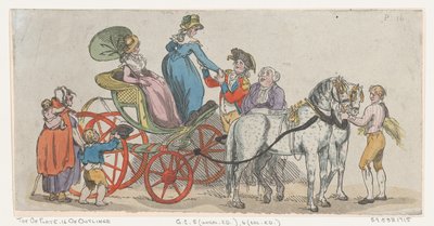 Damas bajando de un carruaje de la Placa 16, Contornos de Figuras, Paisajes... de Thomas Rowlandson
