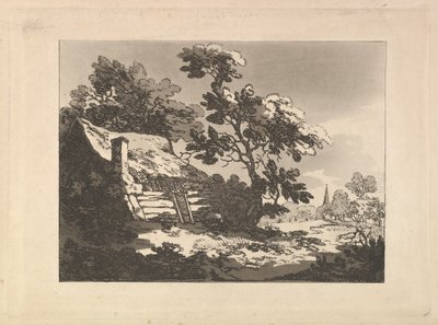 Paisaje con una casita entre los árboles a la izquierda y el campanario de una iglesia a lo lejos a la derecha de Thomas Rowlandson