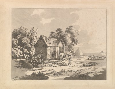 Paisaje con figuras almacenando heno en un granero, un carro y un caballo acostado a la izquierda de Thomas Rowlandson